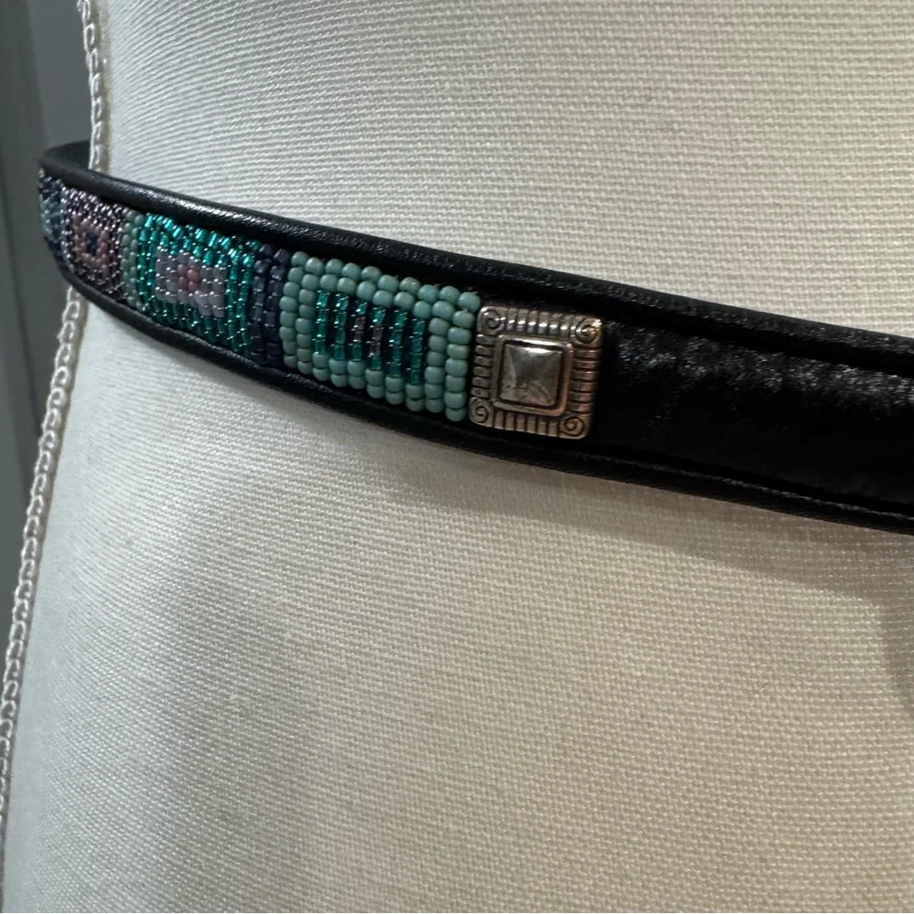 Brighton Black Leather Belt Silver Buckle Aztec Bead Square Design Pink Teal Med